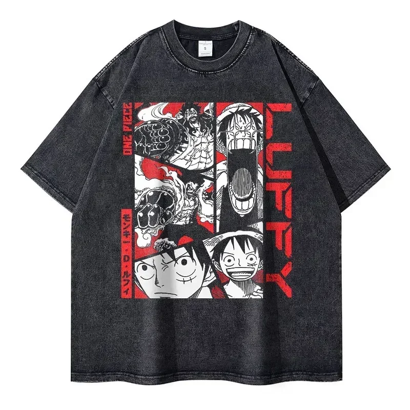

One Piece Zoro& Luffy Anime Washed T-shirts Men's Women's Vintage Black Tshirt Streetwear Oversized Manga Y2k Tops Tees Cotton