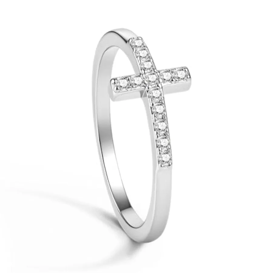 Moissanite Cross Rings for Women 18K and Plated Real Sparkle Easter Religious Ring, Hypoallergenic Cross Purity Rings for her V