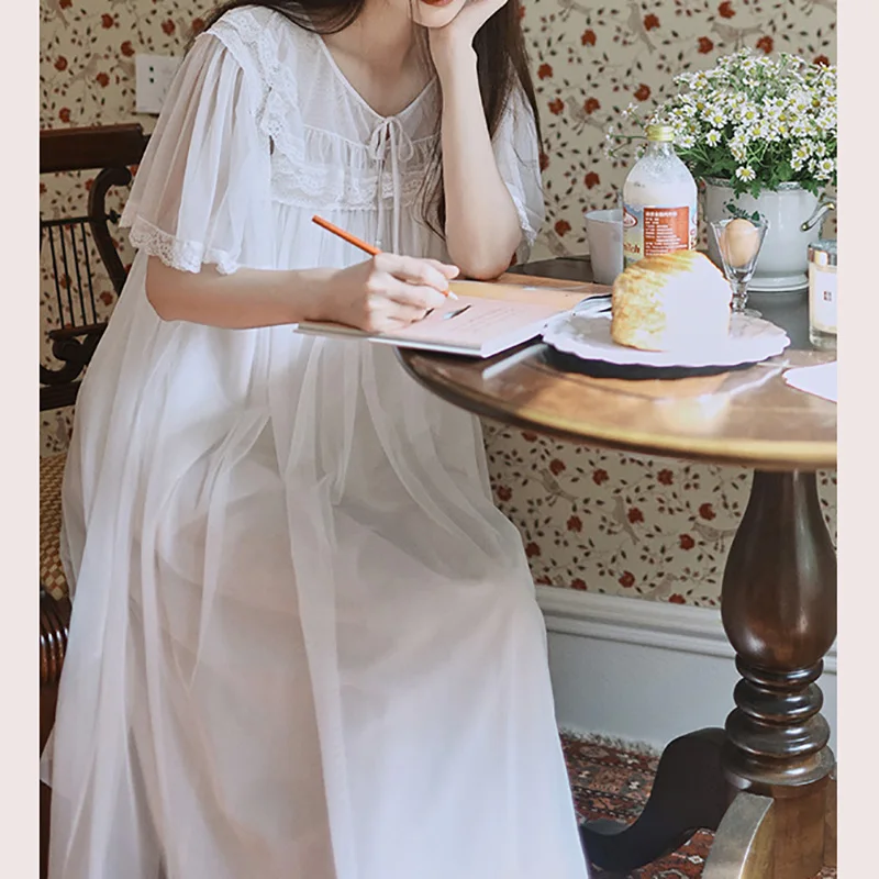 

Летнее французское модальное сетчатое свободное платье 2026 года, тонкое, с короткими рукавами, в стиле принцессы, длинная ночная рубашка, винтажная домашняя одежда