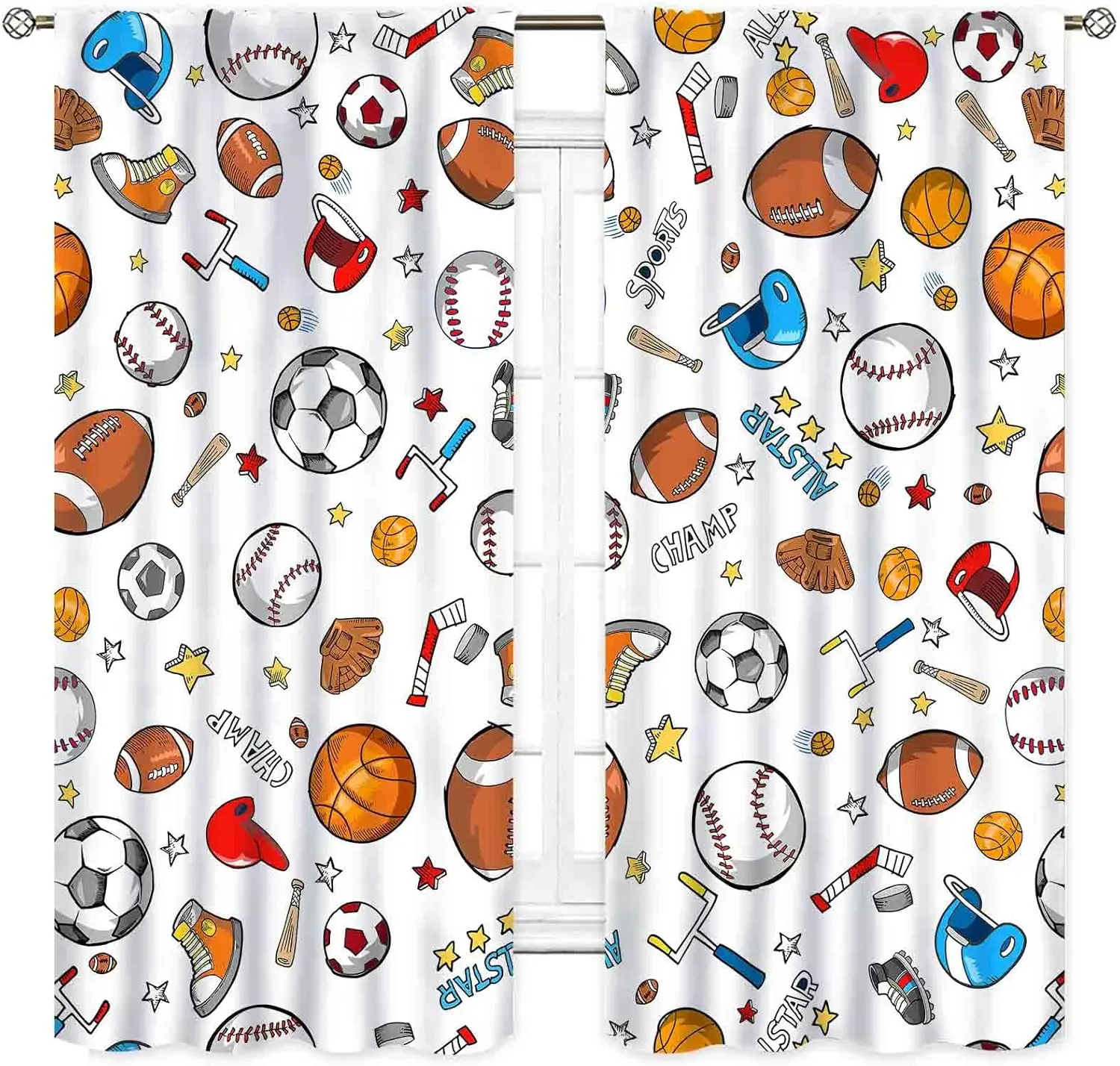 Colorful Sports Curtains, Mixed Basketball Soccer Baseball Print Design,Modern Room Decor for Kids Boys Girls Bedroom Playroom