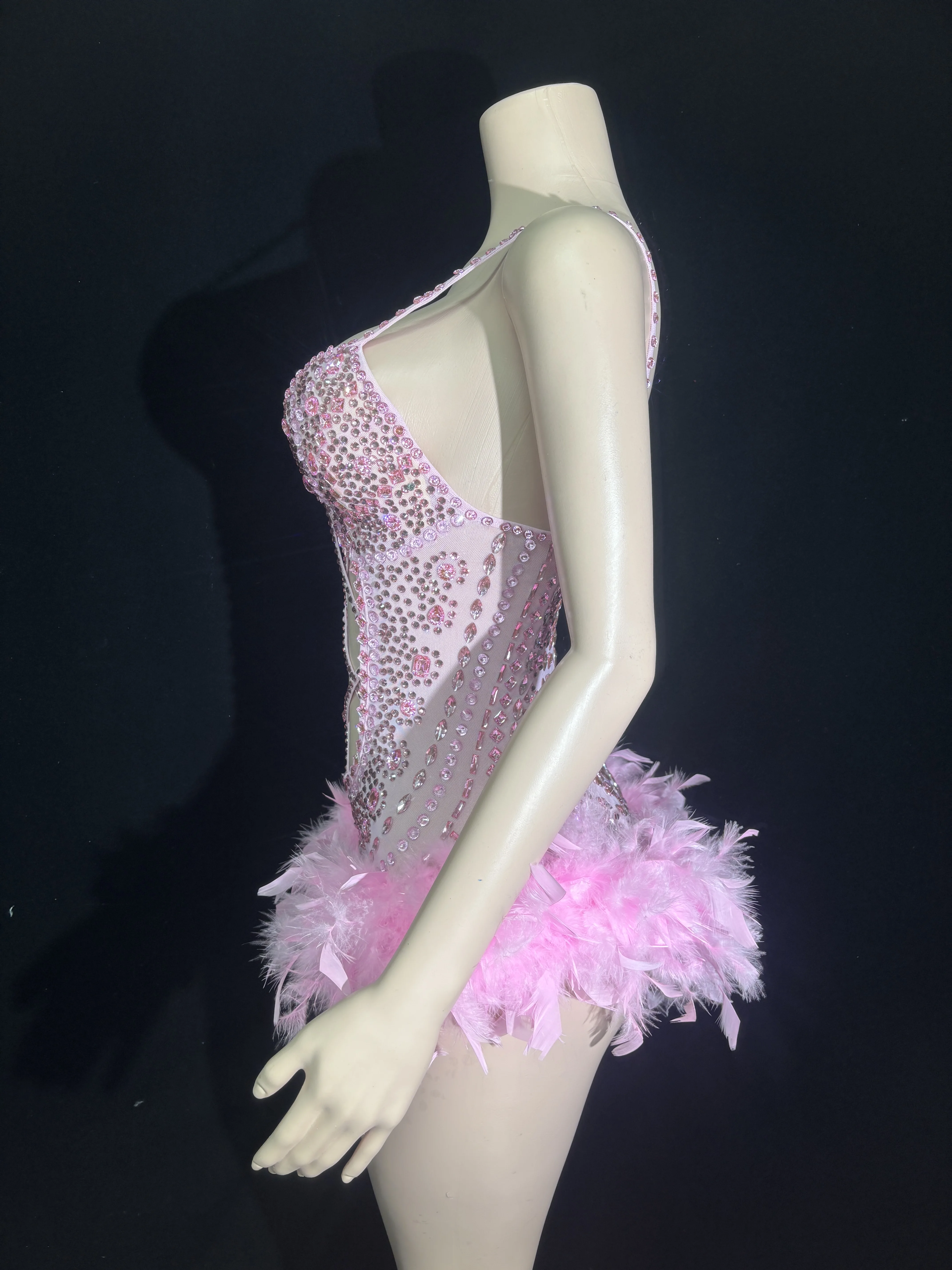 Body Sexy scintillant rose rouge argent avec plumes et strass pour femmes, Costume de danse ajouré, vêtements de scène pour chanteur et danseuse