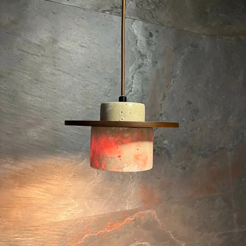 Retro Yellow Nature Stone LED Pendant Light Wabi-sabi Style Travertine LED Chandeliers for Dining Room Bedroom Parlor Cafe