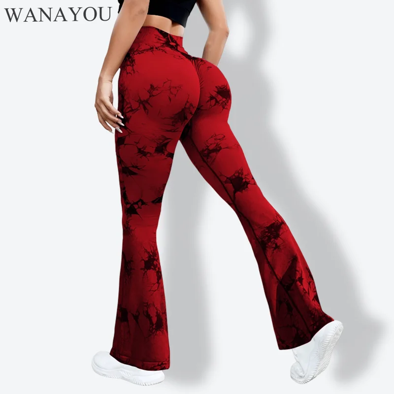WANAYOU High Waist Tie Dyed Flare Pants Seamless Peach Hip Yoga Pants Sports Leggings Tight Breathable Gym Sportwears