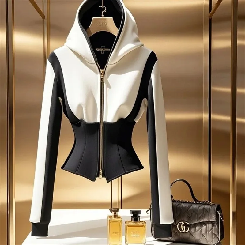 

Autumn New Hooded Contrast Women Tops Temperament High Quality Waist Collection Female Hoodie Short Coat