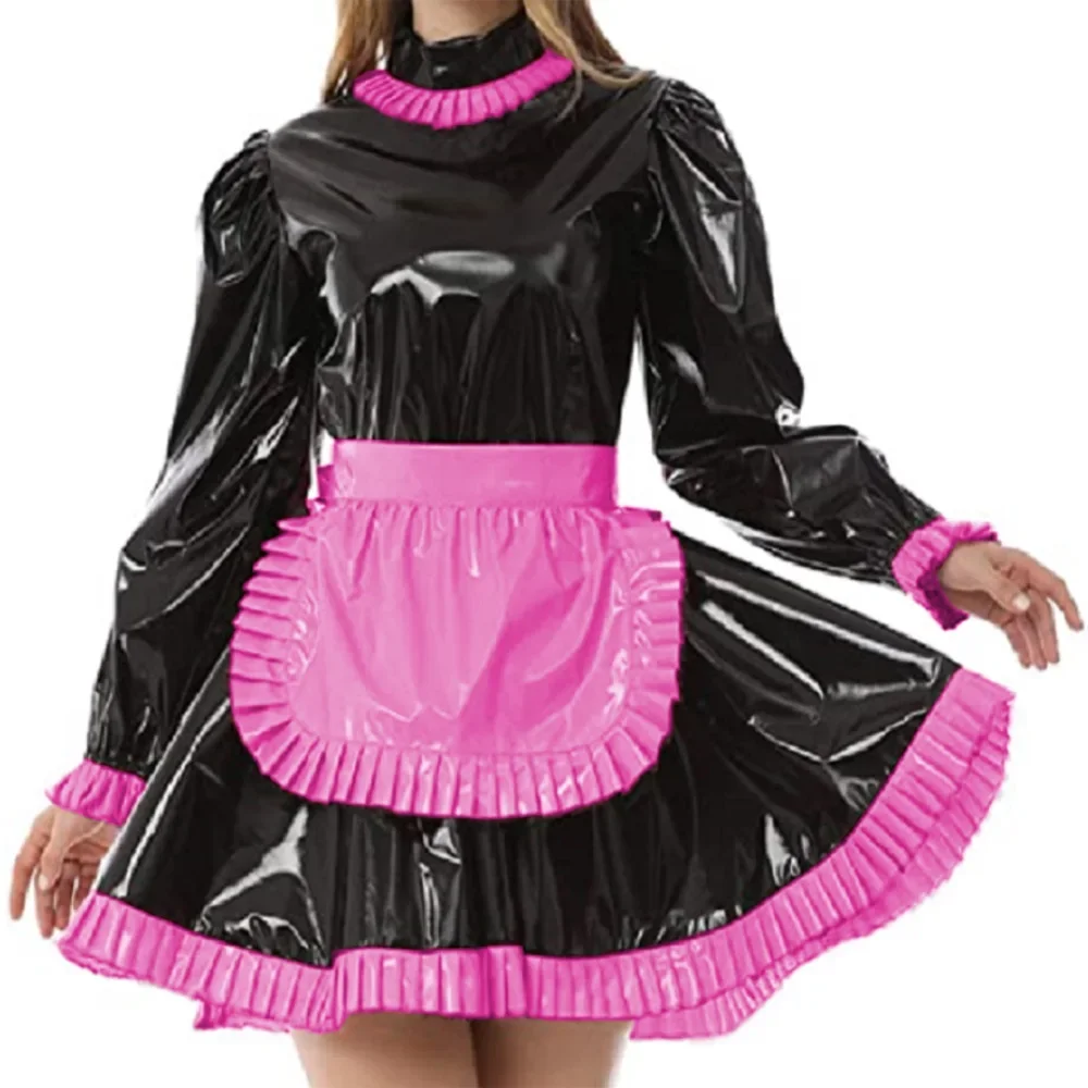 Sissy Sexy Maid Cosplay Puff Sleeve Mini Dress with Apron Gothic Shiny PVC Leather Classic Japanese Sweet Maid Cross Dressing