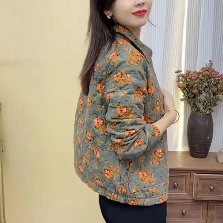 Lightweight Cotton ort Jaet for Women Casual Sle Floral Print Turn-down Collar Spring Autumn Faionable Versatile Momm...