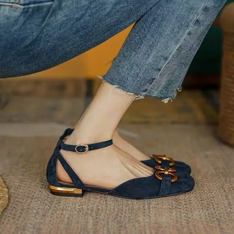 2023 New Summer Sandals For Women Retro Closed Square Toe Sandals Woman Slip On Mules Shoes Buckle Strap Lady Casual Flat Shoes