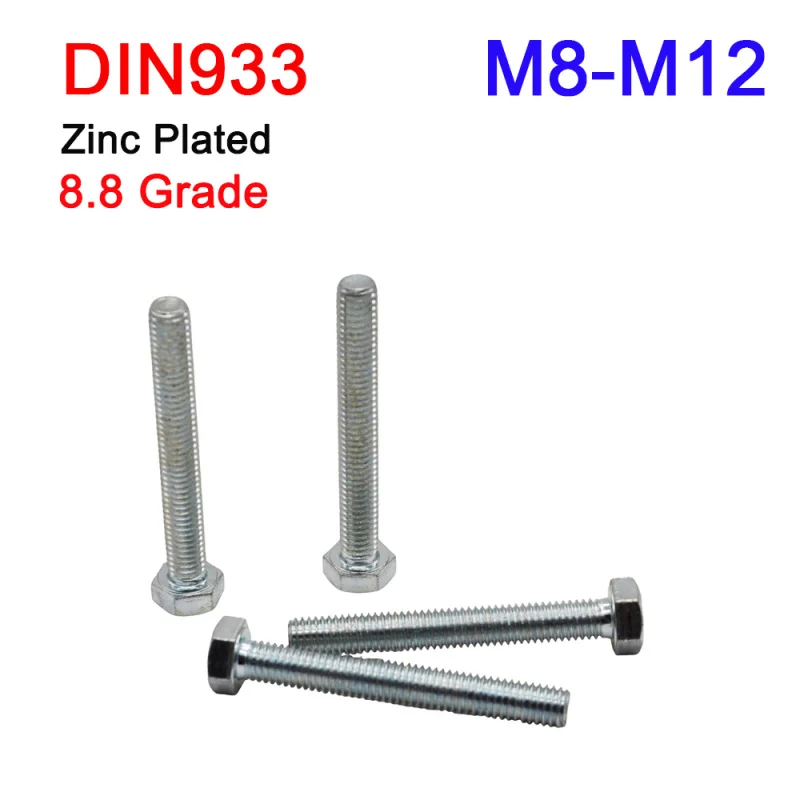2-10Pcs M8 M10 M12 8.8 High Strength Steel FullyThread Metric Zinc Plated Hexagon Bolt DIN933 GB5783 External Hex Hexagon Screws