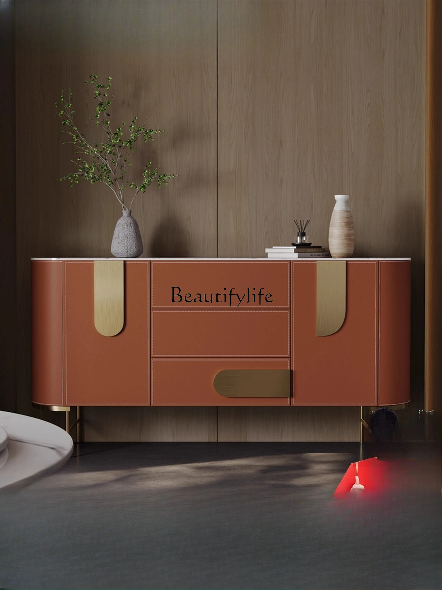 

Italian light luxury dining side cabinet saddle leather rock slab entrance living room partition storage cabinet