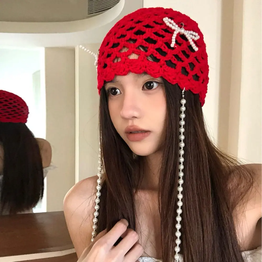 

Casual Pearl Tassels Crochet Knitted Hat Bohemian Style Thin Knit Cap Korean Hollow Out Weave Cap Girls