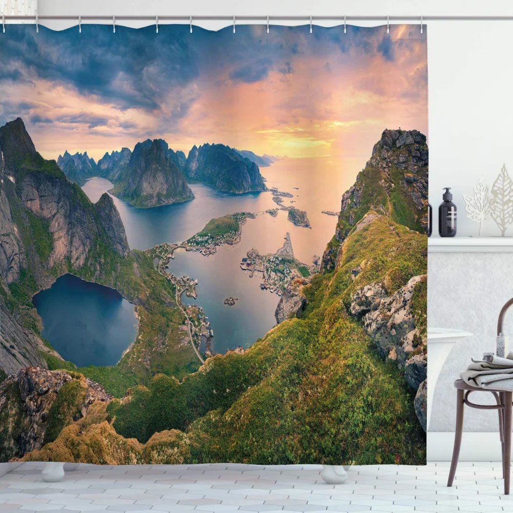 

Landscape Shower Curtain Lofoten Islands Norway Summer Sunrise Rocky Coastline Fabric Bathroom Set with Hooks Blue Green Coral