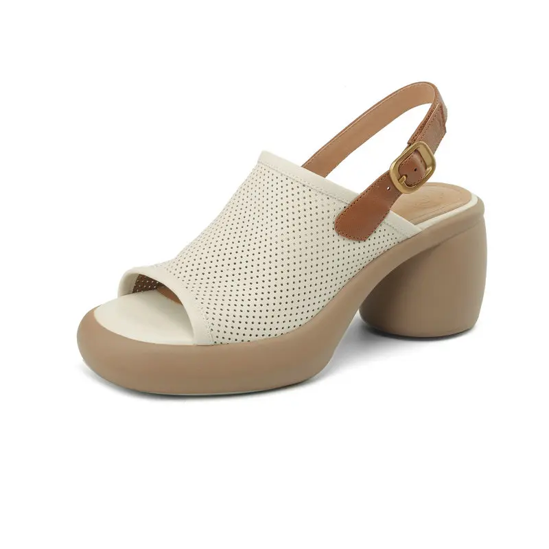 

2024 Original Summer Women's Sandals 100% Leather Cowhide Platform Party Pinhole Breathable Shoes Good Quality