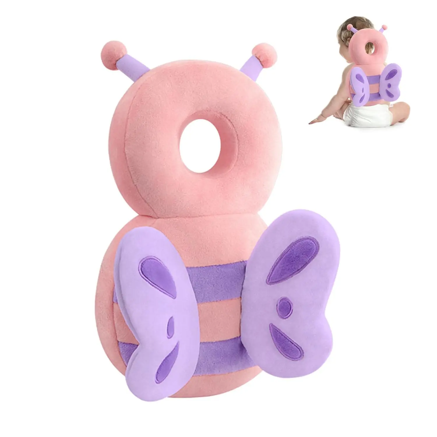 

Baby Head Protection Backpack - Soft & Comfortable, Cute Cartoon Design, Pink Butterfly