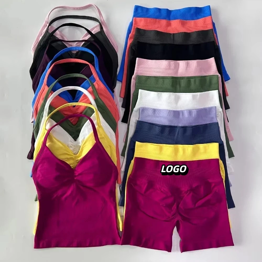 

Спортивный комплект из 2 предметов: женские топы без спинки и бесшовные шорты с высокой талией, комплект для спортзала, спортивная одежда, комплект для тренировок