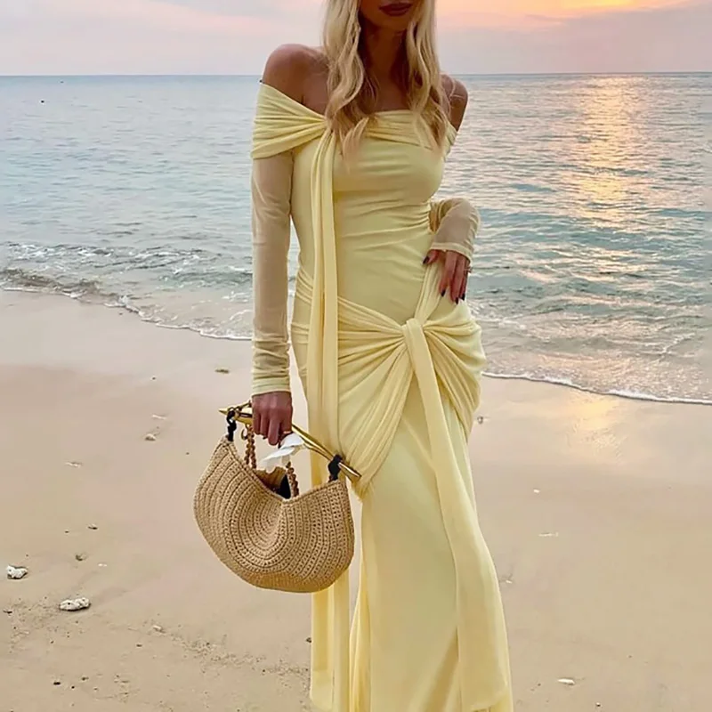 Spring Autumn Off Shoulder Long Sleeve Party Dress Womens Sexy Slash Neck Hollow Long Dress Elegant Lace-up Slim Bodycon Dresses