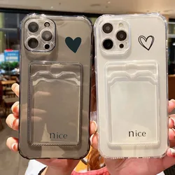 Card Bag Holder Clear Case For iPhone 15 Pro Max 14 13 12 11 With Love Heart Print Cover For iPhone XS X XR 7 8 Plus SE2020 Case