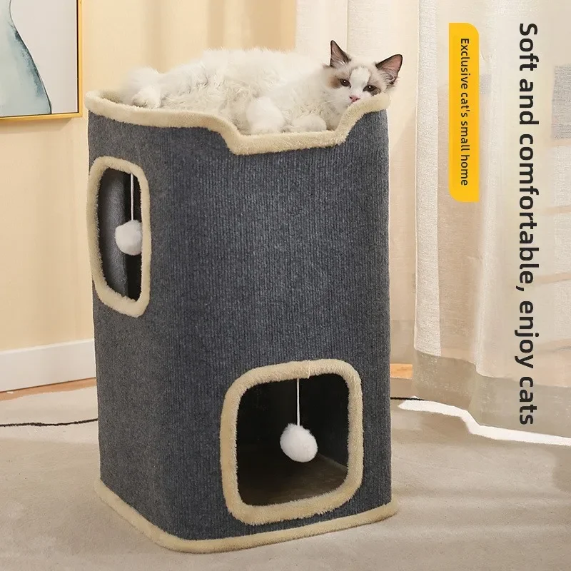 

3-tiers Cat Bed Pet House Covered Cave with soft mat Large Hideaway Cat Tent with Fluffy Ball Hanging Accessories