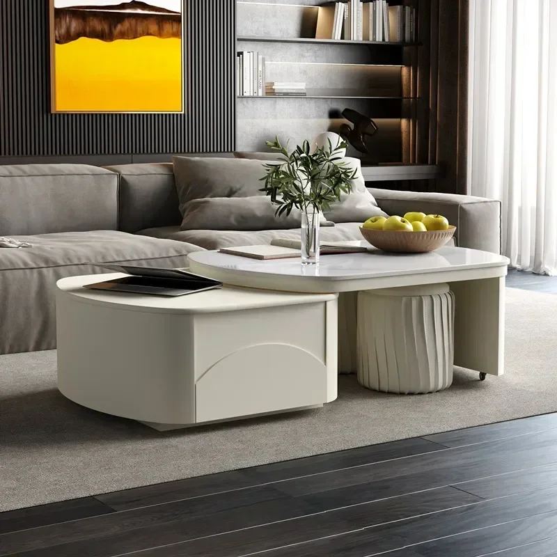 Cream Style Stone Plate Coffee Table Living Room Home with Small Stool Retractable Folding Rotating