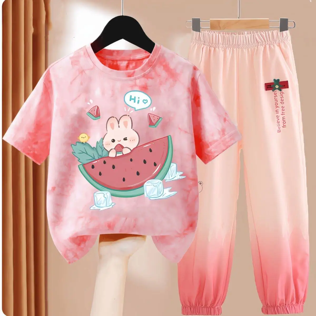 Lovely Tie-Dye Cat Print 2-Piece Outfit Sweet Cute Cat Cartoon Bow T-Shirt Sweatpants Gradient Jogger Set Loose Casual Japanese
