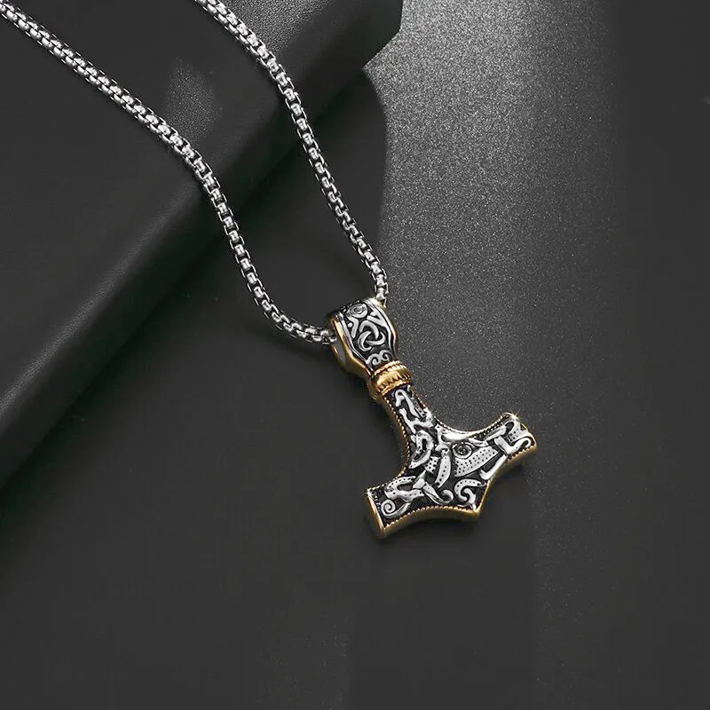 Vintage Nordic Celtic Thor Hammer Necklace Men\\\\\\\'s Amulet Silver Color Pendant  Jewelry Punk Necklace