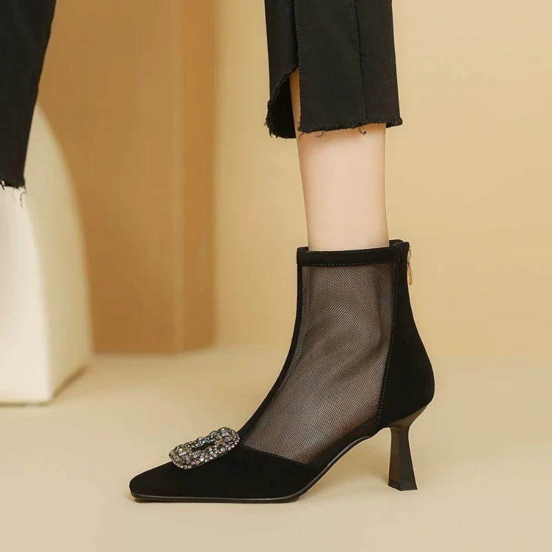 

Fine Heel Pointed Rear Zipper Net Fabric Rhinestones Are Versatile, Comfortable, Slip-resistant and Breathable Women's Sandals