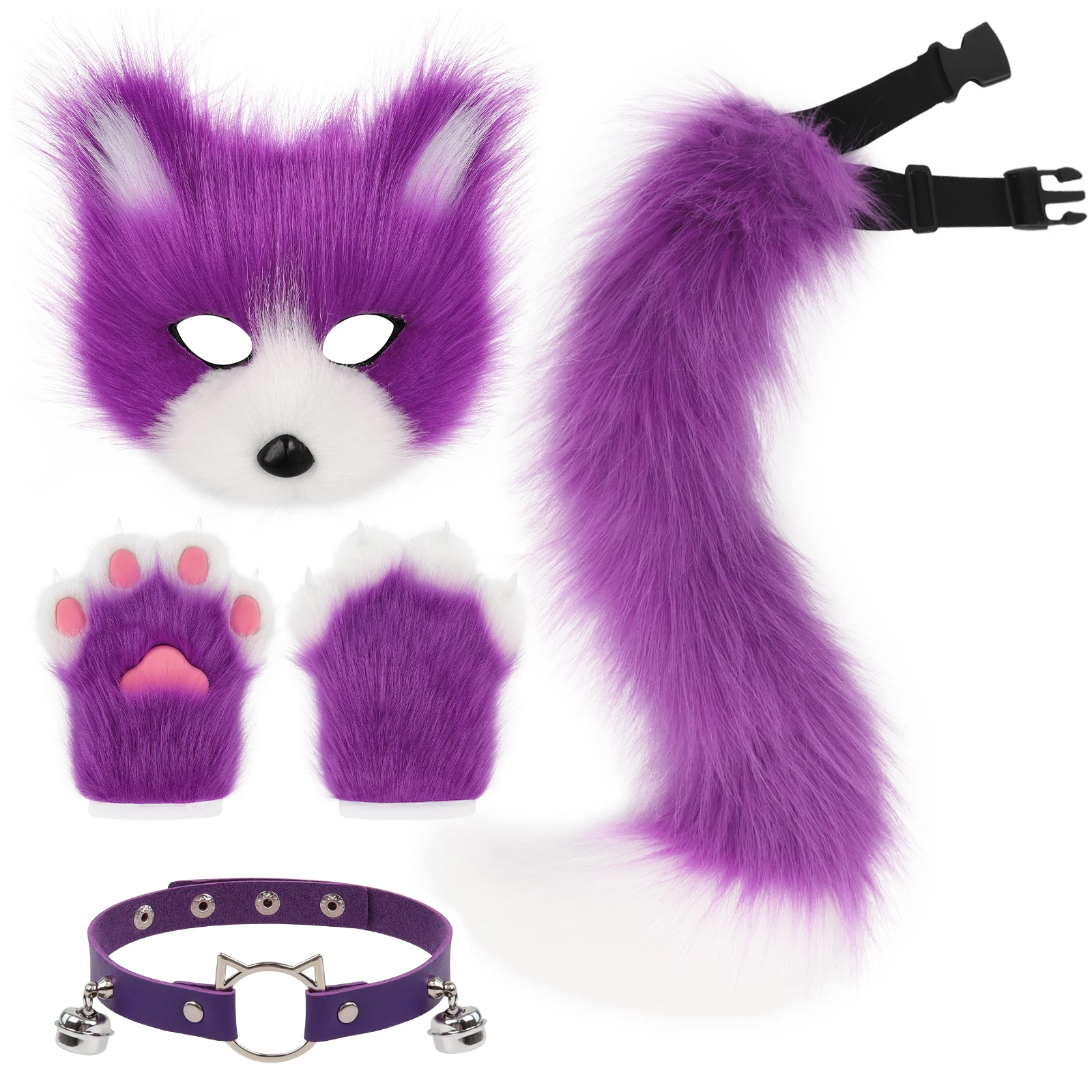 Peluche pelliccia sintetica gatto volpe maschere pelose zampa di animale guanti girocollo in pelle coda di lupo set accessori per costumi cosplay