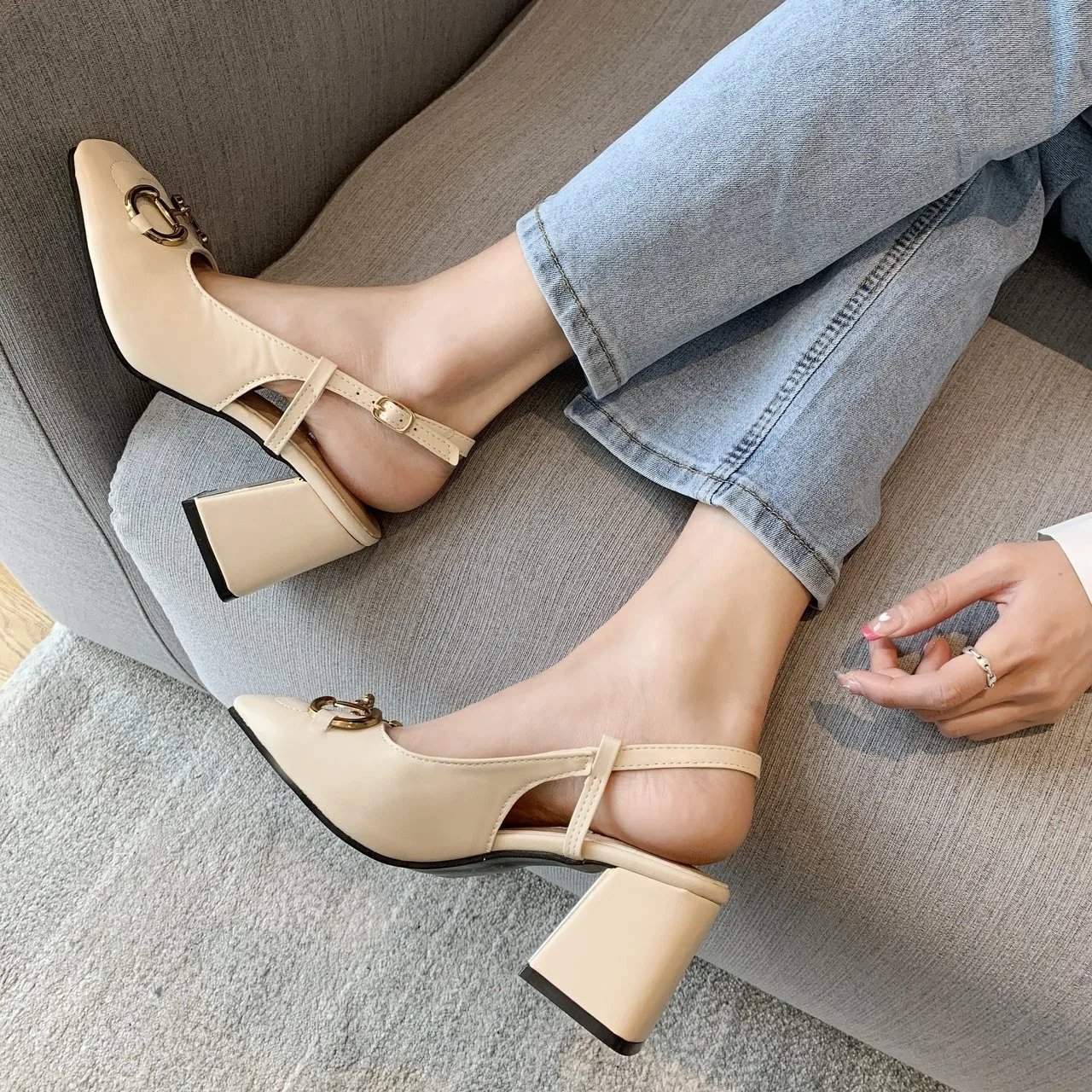 Women\'s High Heels Shoes 2024 Summer Pumps Back Empty Female 8cm Thick Heel Square Toe Mary Jane Shoes Black Pink Talon Femme