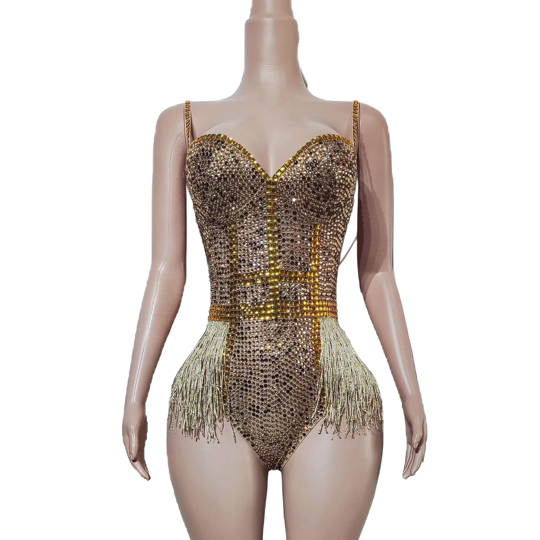 Jinmang Glamorous Gold Tassel Fringe Rhinestone Mesh Bodysuit V Neck Spaghetti Strap Festival Performance Outfit