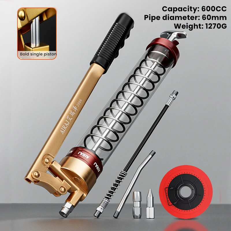AIRAJ Manual Grip Grease Gun Aluminum Alloy Mini Gun 14000PSI Handheld Grease Filling with Flexible Hose With oil Suction Tray