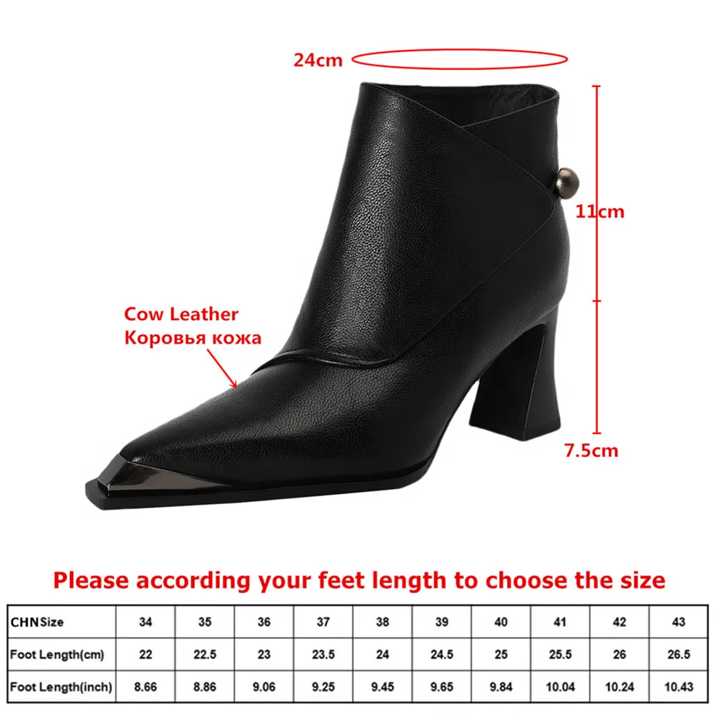 MILI-MIYA Ladies' Warm Lamb Wool Inner Pointed Cowhide Ankle Boots Thick Heel Solid Color Casual Winter Shoes For Ladies