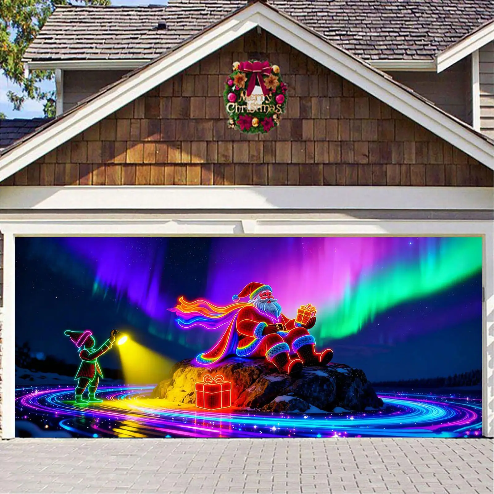 decoration-de-couverture-de-porte-de-garage-de-noel-brille-dans-la-nuit-arriere-plan-de-vacances-du-pere-noel-grande-decoration-de-porte-de-garage-de-noel-pour
