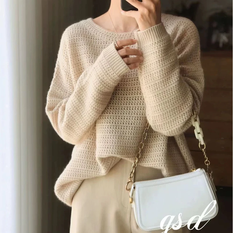 2024 Autumn/Winter New 100% Merino Wool Hollow Out Sweater Women\'s Clothing Korean Luxury Loose Large Cashmere Knitted Pullover