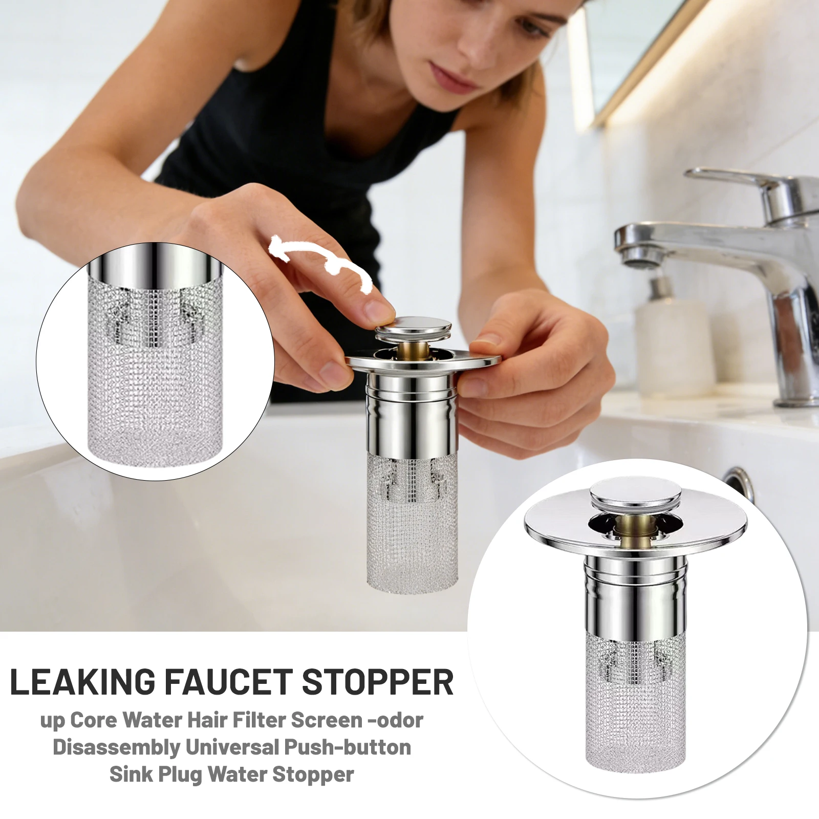 

Universal Stopper Sink Strainer Push Down Pop Up Anti Clogging Drain Hair Catcher Kitchen and Bathroom Sink Plug Water Stopper