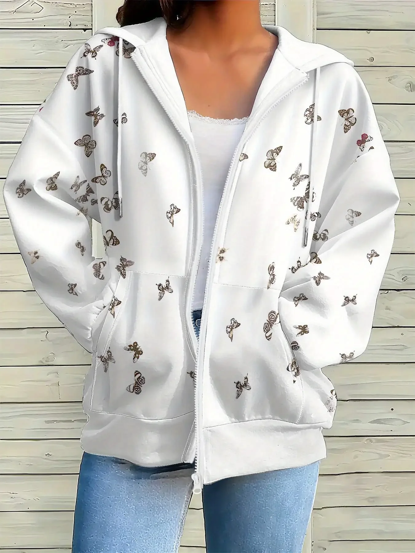 

Women's long sleeved loose and elegant style new jacket with zippered pockets, open top jacket, Small butterfly pattern print