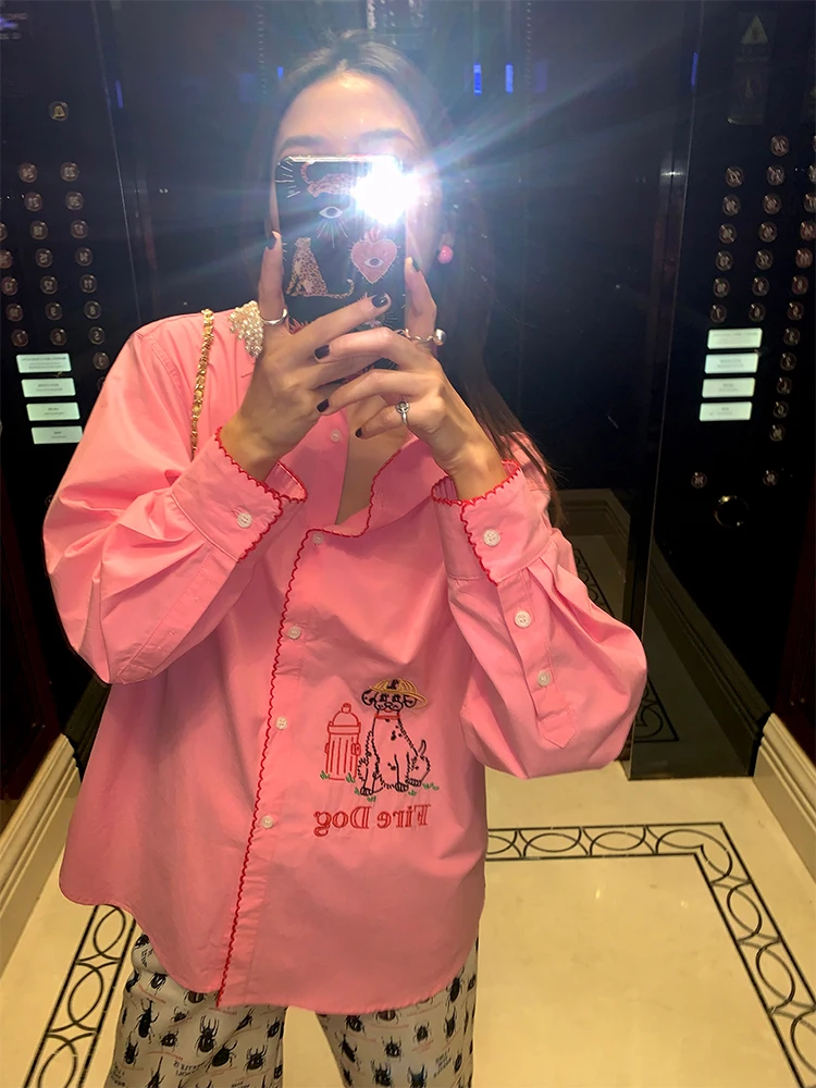 

Pink Long Sve Embroidered irt Women's Faion Early Autumn New Arrival Small Size Top Korean Sle Loose Fit Cotton Pure