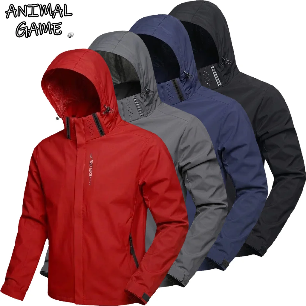 Men's Windbreaker Jacket Detachable Hood Lightweight Outdoor Hiking Raincoat Windproof Casual Sport Outerwear Work Coats Hoodies