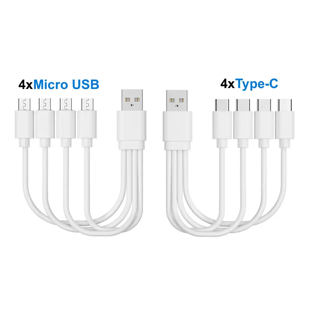 20cm 짧은 USB 멀티 충전 케이블 4 in 1 다중 유형 C/마이크로 USB 충전 코드 4포트 USB C 분배기 케이블 5V 2A
