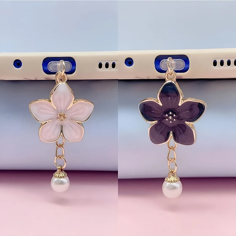 

Flower Pearl Phone Dust Plug Cute Hanging Decoration Charging Port Cover for iPhone Samsung Android Type-C