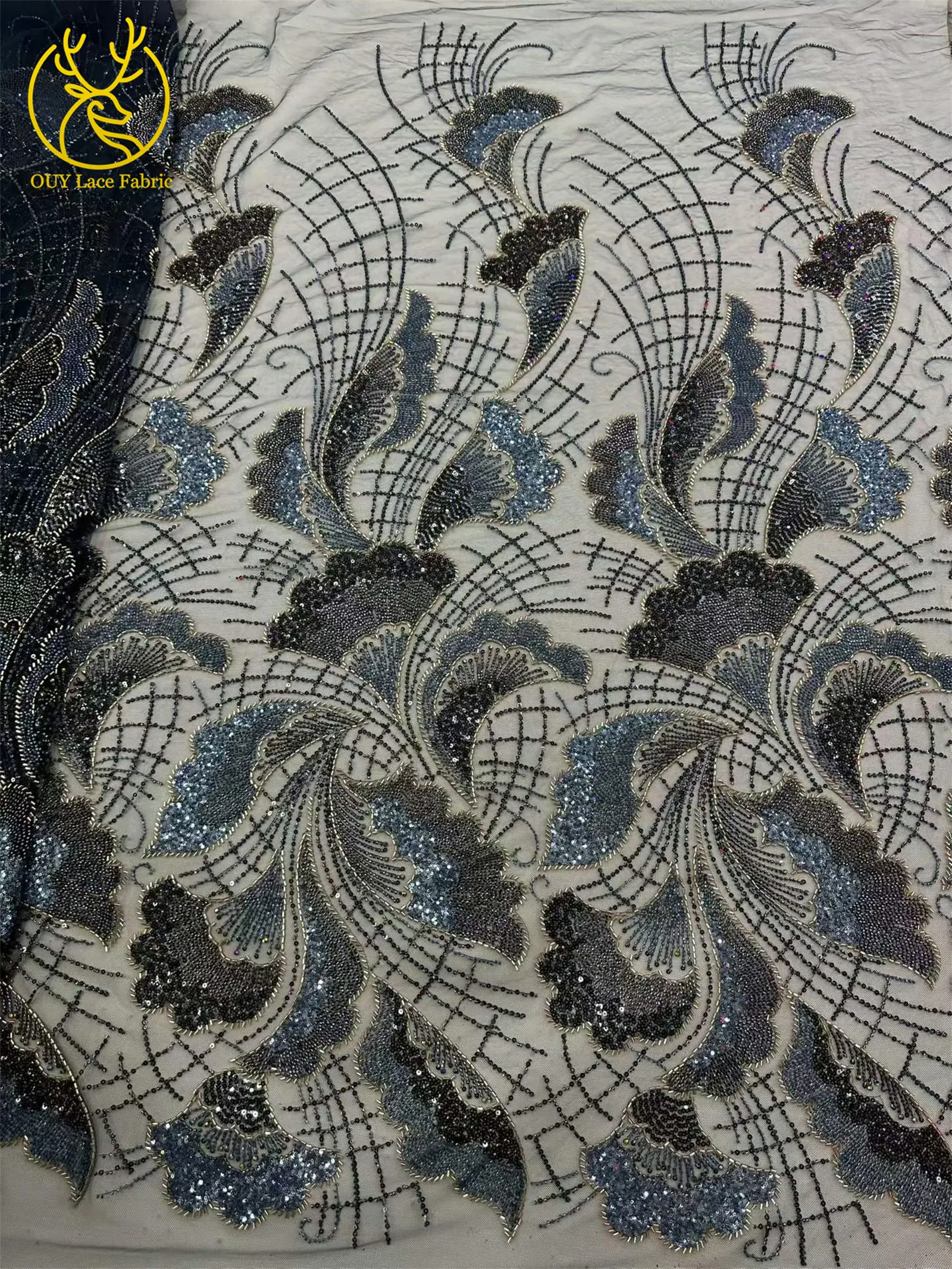 Neuer Stil Afrikanischer Pailletten-Perlen-Spitzenstoff Hochwertige französische schwere Perlen-Spitze für nigerianische Stickerei-Tüllkleider zum Nähen. – Detail 7