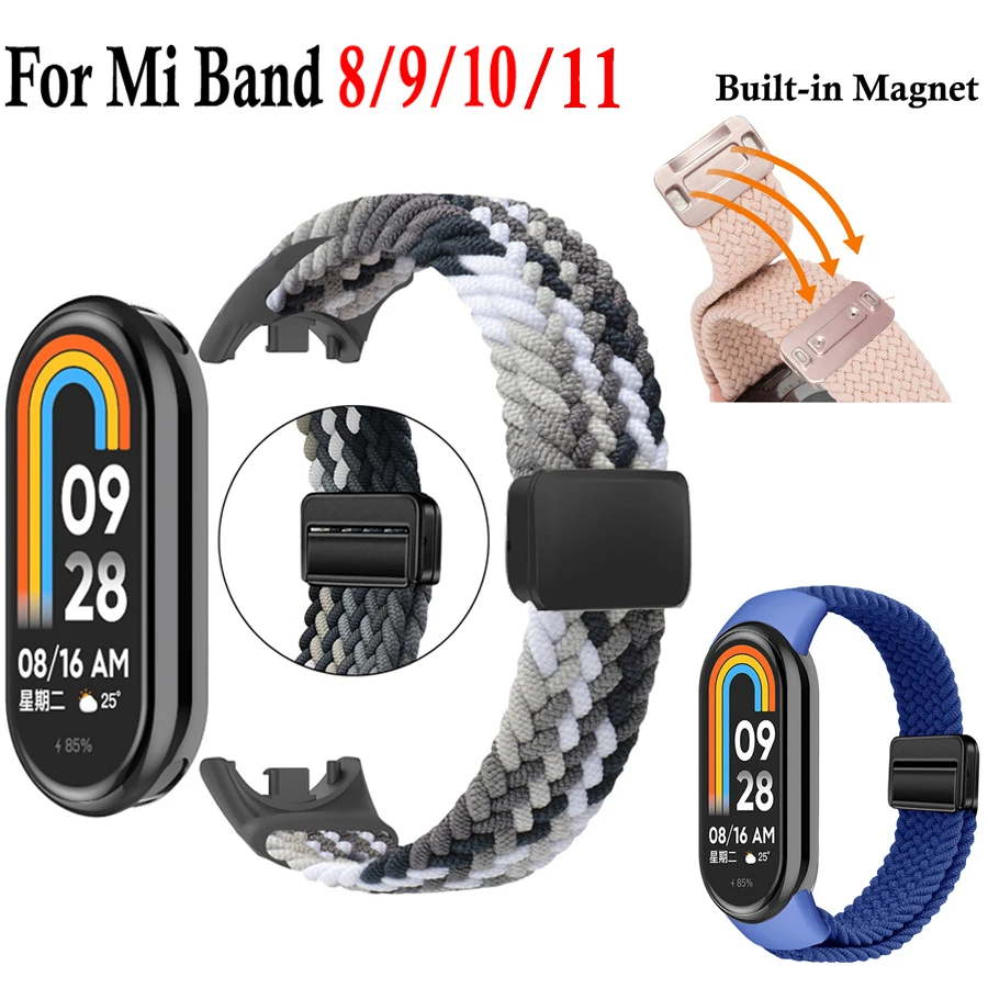 Elastisches, geflochtenes Nylonarmband für Mi Band 8, 9, 10, 11, Armband mit Magnetverschluss, Uhrenarmband für Xiaomi Mi Band 9, 10, 11, Handgelenksband.