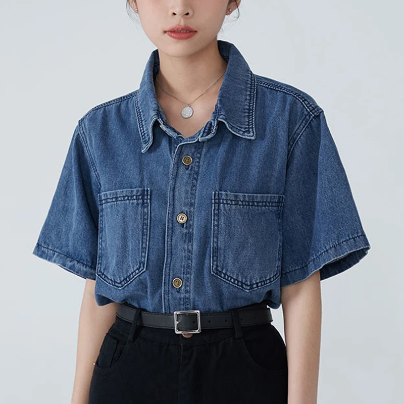 Rimocy Ol Office Denim Shirt for Women Summer 2023 Turn Down Collar Short Sleeve Blouse Woman Fashion Button Up Jean Jacket