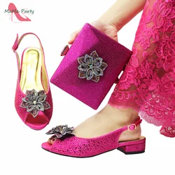 Low Heels Comfortable High Quality Italian Shoes and Bag Set in Fuchsia Color with Crystal for Wedding Party