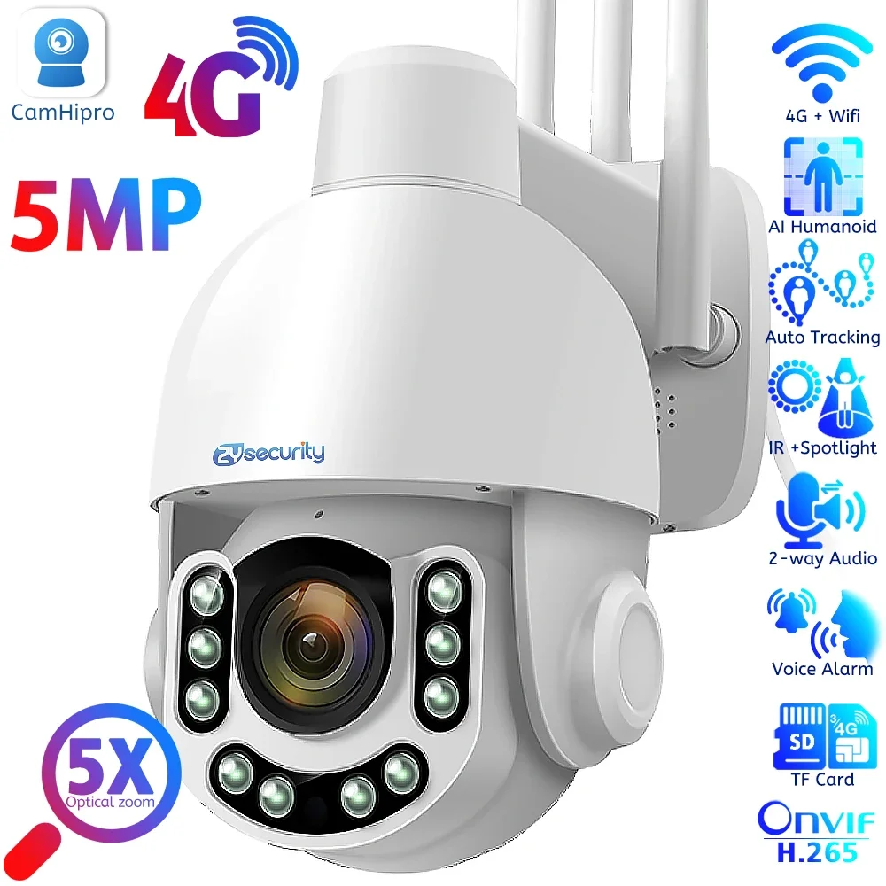 

5MP 4G SIM-карта Wi-Fi IP PTZ-камера Открытый 5-кратный зум Автоматическое отслеживание Цвет ночного видения Беспроводная скоростная купольная камера видеонаблюдения