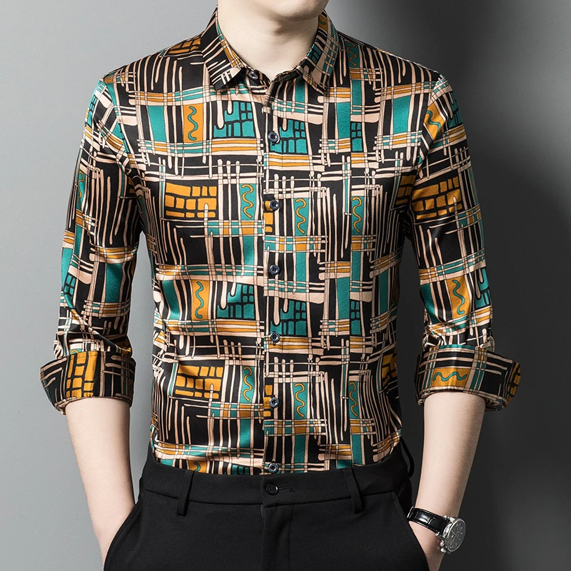 

Extremely Luxurious Silk Shirts For Men Long Sleeve Print Casual Autumn Quality Soft Comfortable Lightweight Lapel Chemise Homme