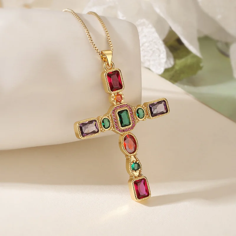 YISON Golden Colourful Cross Zircon Pendant Necklace for Woman New Fashion Religious Jewelry Vintage Gift for Friends