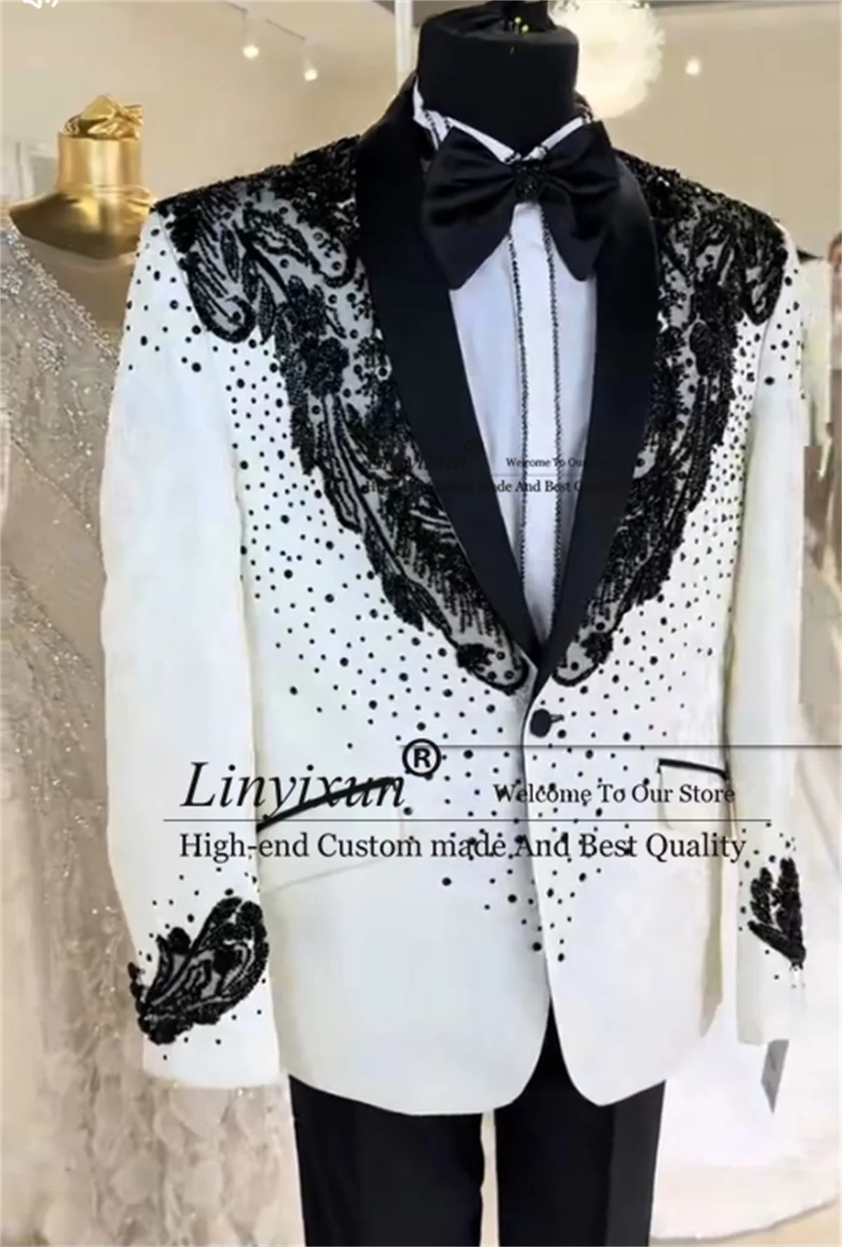 

Stunning Crystal Stone Tuxedo Men Suit Shawl Lapel 2 Piece Sets Ropa hombre Customized Slim Fit Male Groom Wedding Party Blazers