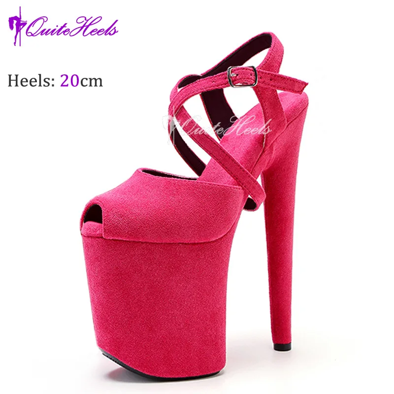 

20CM Sexy Flock Nightclub Pole Dance Super High Heels Platform Party Women's Sandals Cross Strap Peep Toe Stiletto Shoes Women