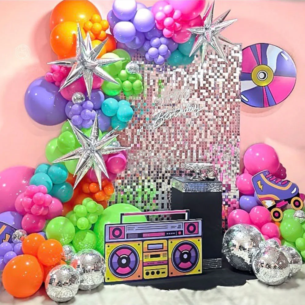 

135Pcs Disco Balloon Arch Kit 90S 80S Themed Music Party Silver Exploding Star Foil Balloon Birthday Scene Disco Party Decor