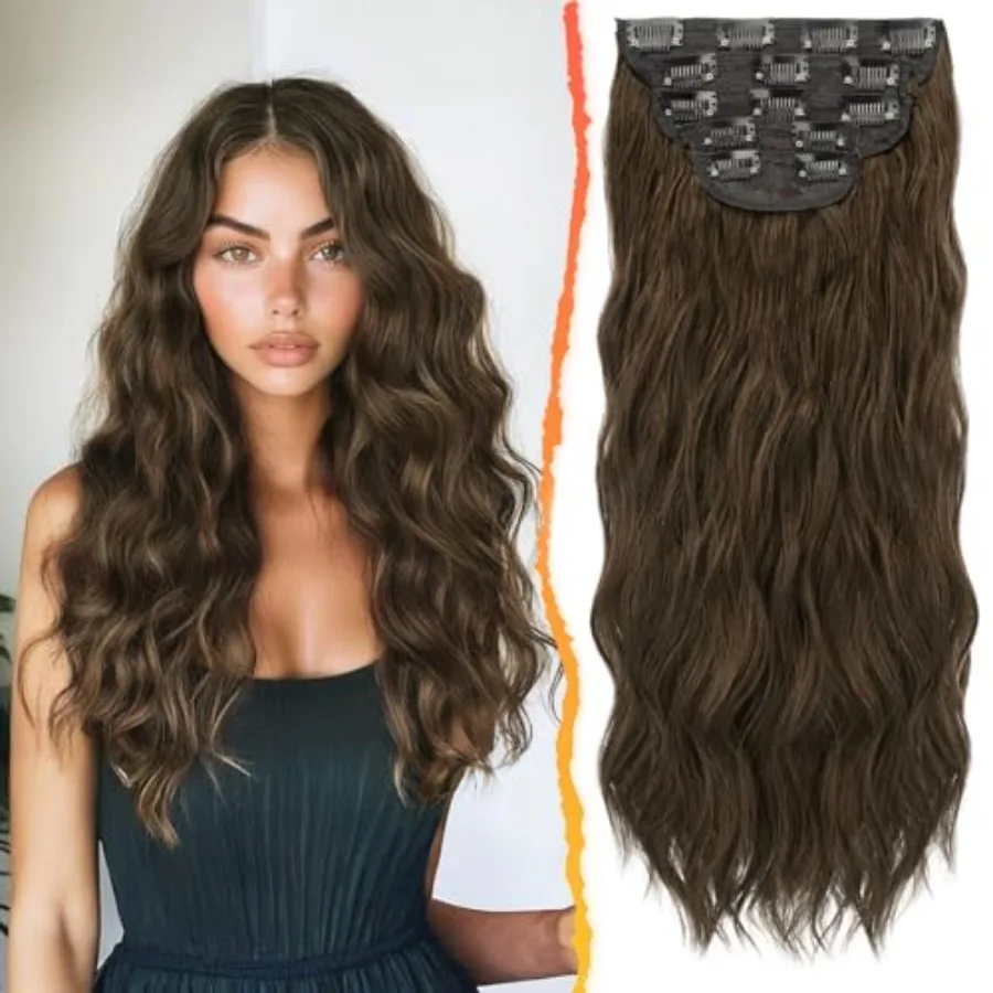 

Long Wavy Clip in Hair Extensions - 20 Inch Brown Hair Extensions Clip in for Women - 5PCs Thick Soft Synthetic Loose Wavy Hair