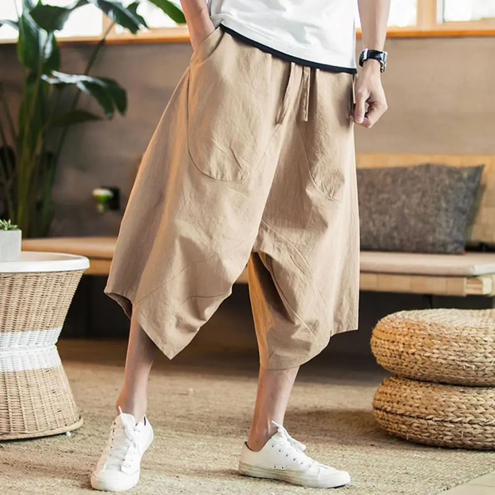 Fashion Men Pants All Match Calf length Solid Color Drawstring Loose Cropped Pants Casual 3/4 Trousers for Travel